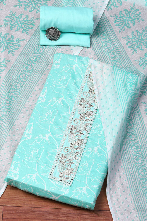 Green Cotton Hand Embroidered Unstitched Suit Set image number 0