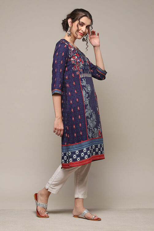 Navy LIVA Straight Printed Kurta image number 3