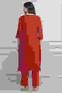 Red Art Silk Straight Kurta Slim Pant Suit Set image number 4
