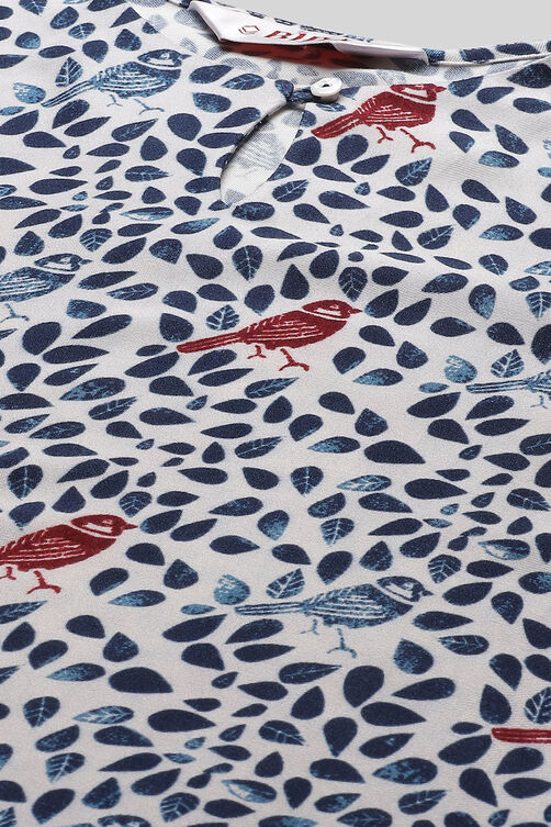Off White And Navy Straight Viscose Two Piece Printed Sleepwear Set image number 1