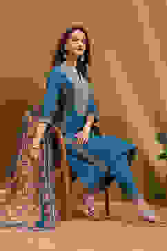 Teal Cotton Floral Printed Straight Suit Set image number 0