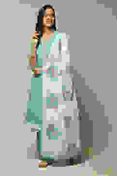 Turquoise Cotton Anarkali Kurta Palazzo Suit Set image number 6