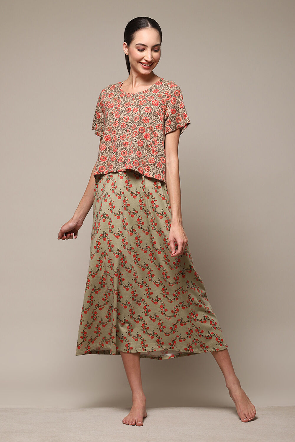 Sage Green Cotton Blend Printed Nightdress image number 0