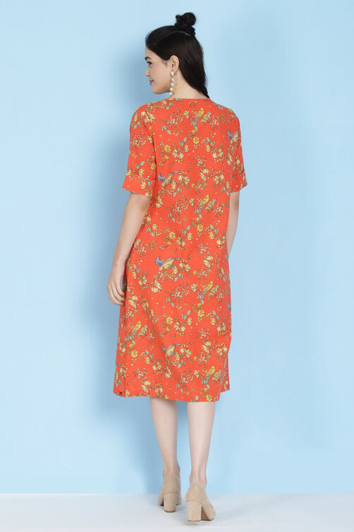 Coral Cotton Flax A-line Printed Kurta Dress image number 5