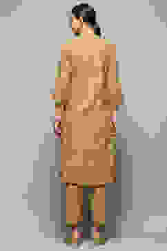 Beige Gathered Printed Straight Kurta image number 4