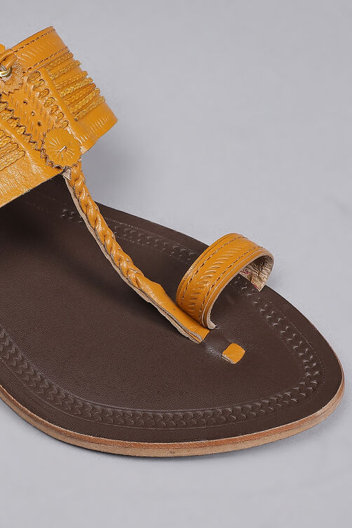 Mustard Yellow & Dark Brown Leather Kolhapuri Sandals image number 1