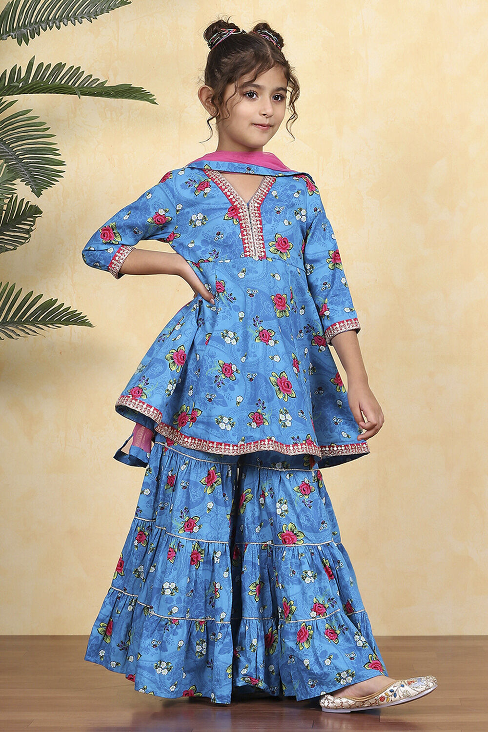 Blue Cotton Printed Flared Sharara Suit Set image number 5