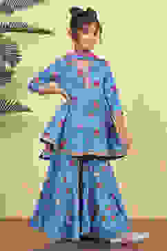 Blue Cotton Printed Flared Sharara Suit Set image number 5
