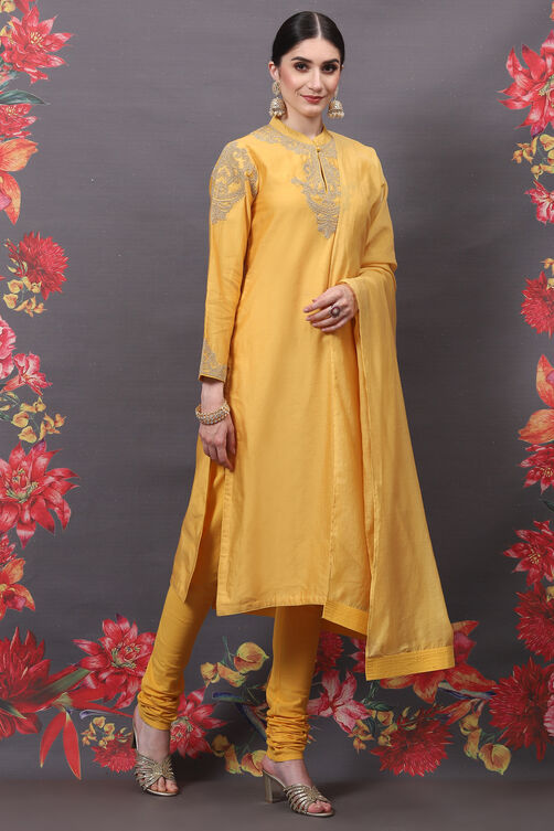 Rohit Bal Yellow Cotton Silk Straight Embroidered Suit Set image number 6
