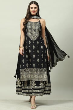 Black Art Silk Straight Kurta Sharara Suit Set image number 0