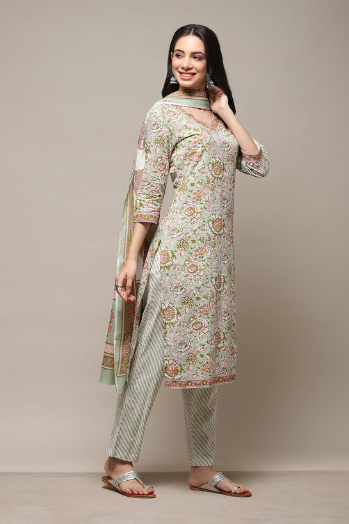 Dull Green Cotton Panelled Unstitched Suit Set image number 7