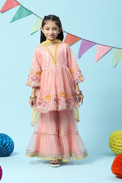 Peach Nylon Gathered Embroidered Kurta Garara Suit Set image number 7