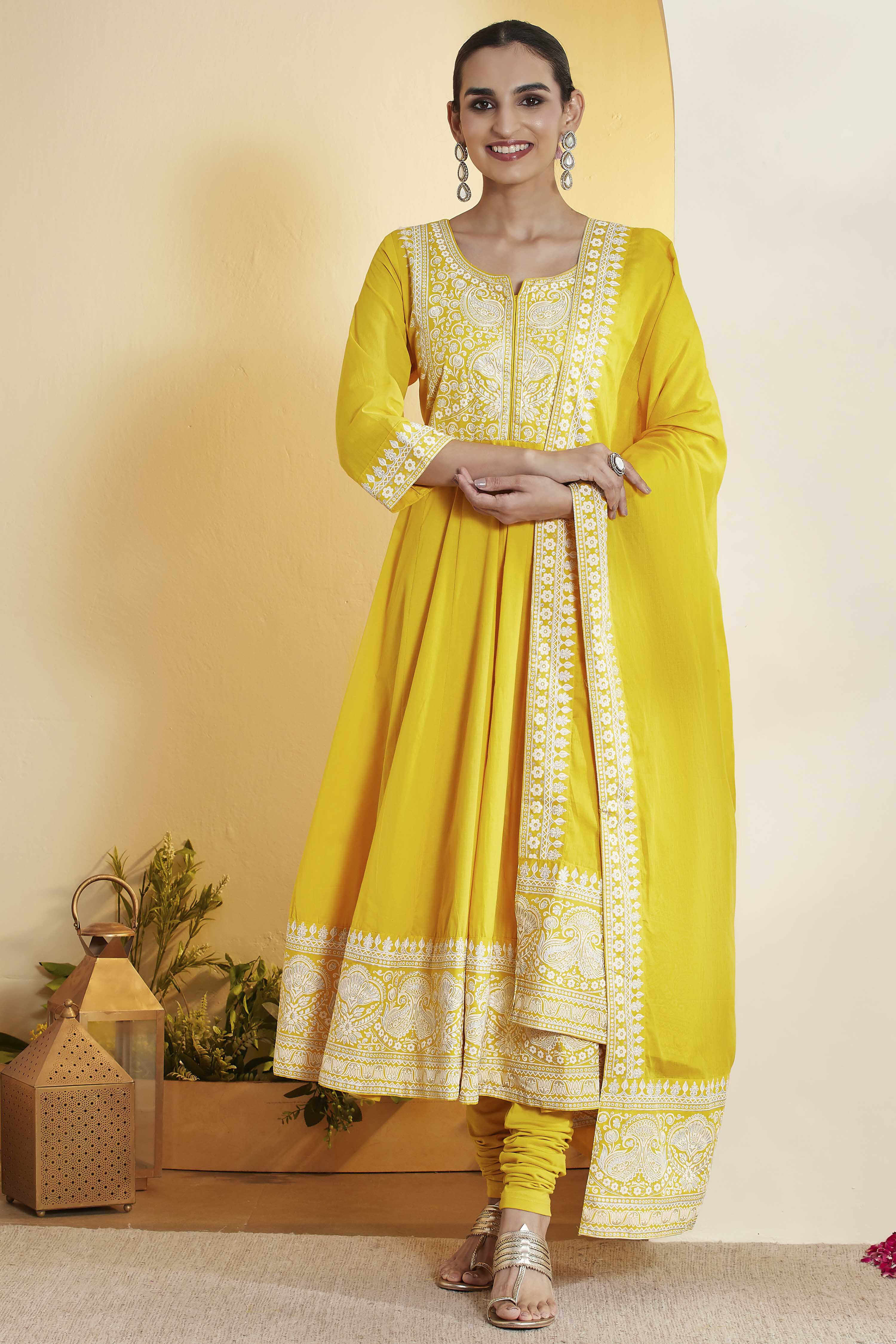 Yellow Cotton Embroidered Anarkali Kurta Set image number 7