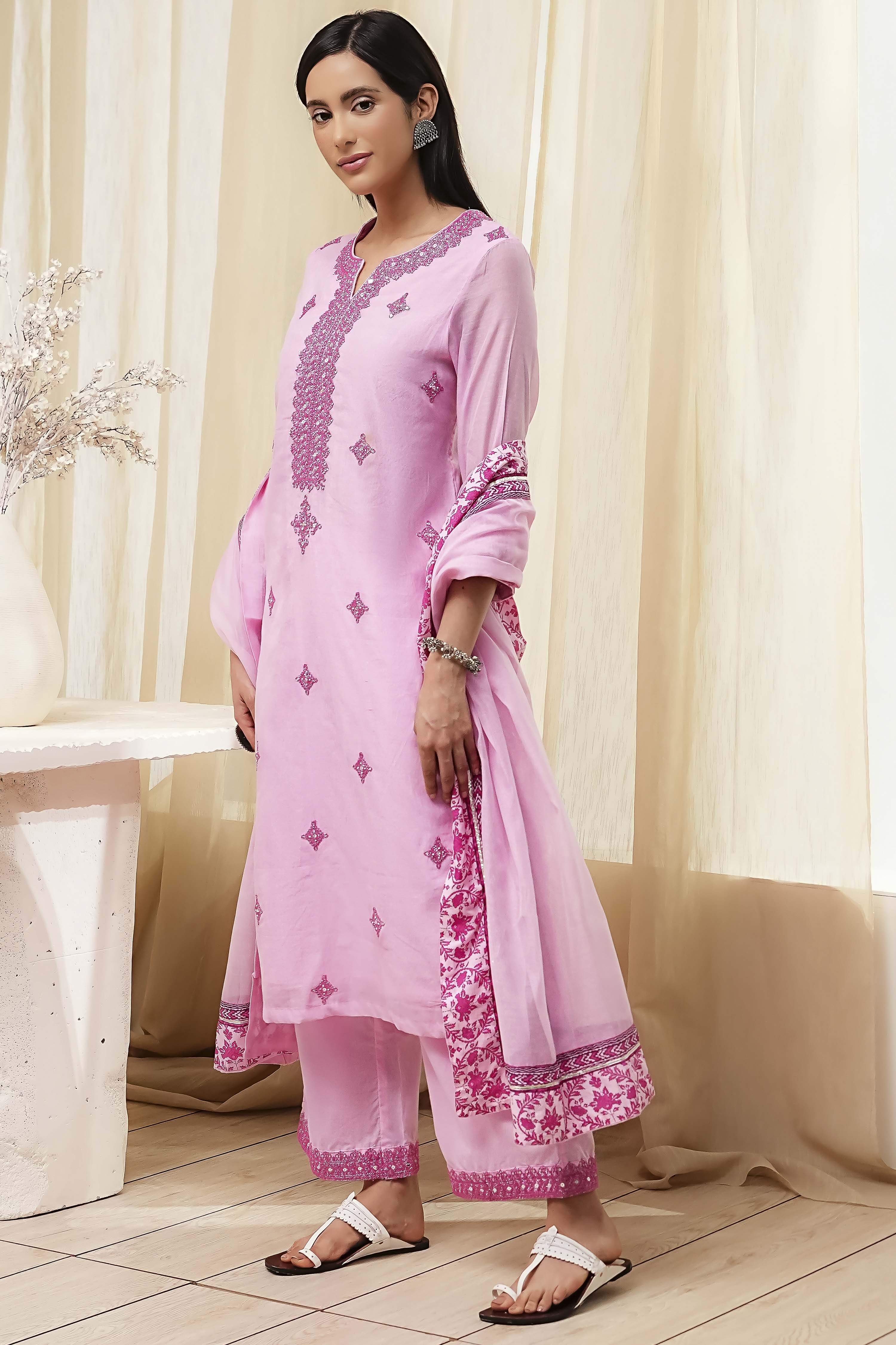 Pink Embroidered Straight Suit Set image number 3