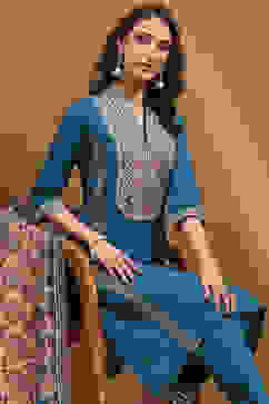 Teal Cotton Floral Printed Straight Suit Set image number 7