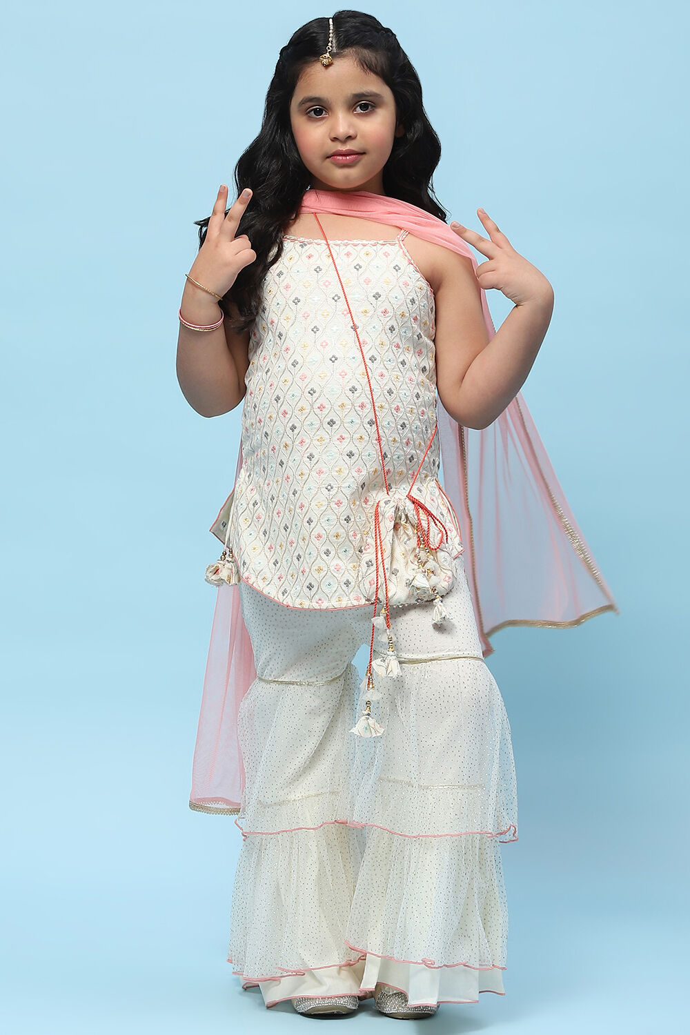 Cream Cotton Floral Embroidered Strappy Suit Set image number 0