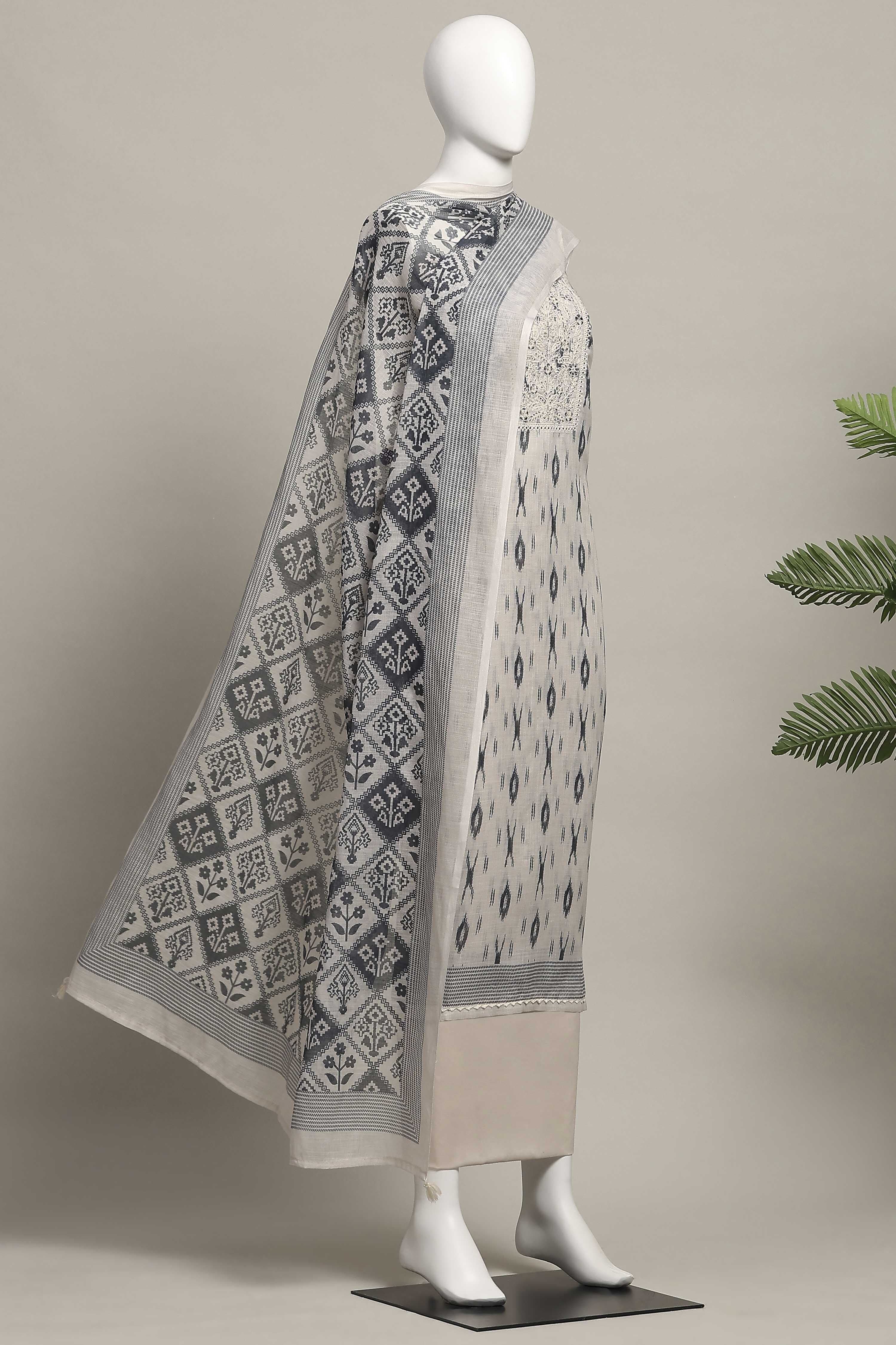 Black Linen Royal-Ikkat  Buti Print Unstitched Suit Set image number 4