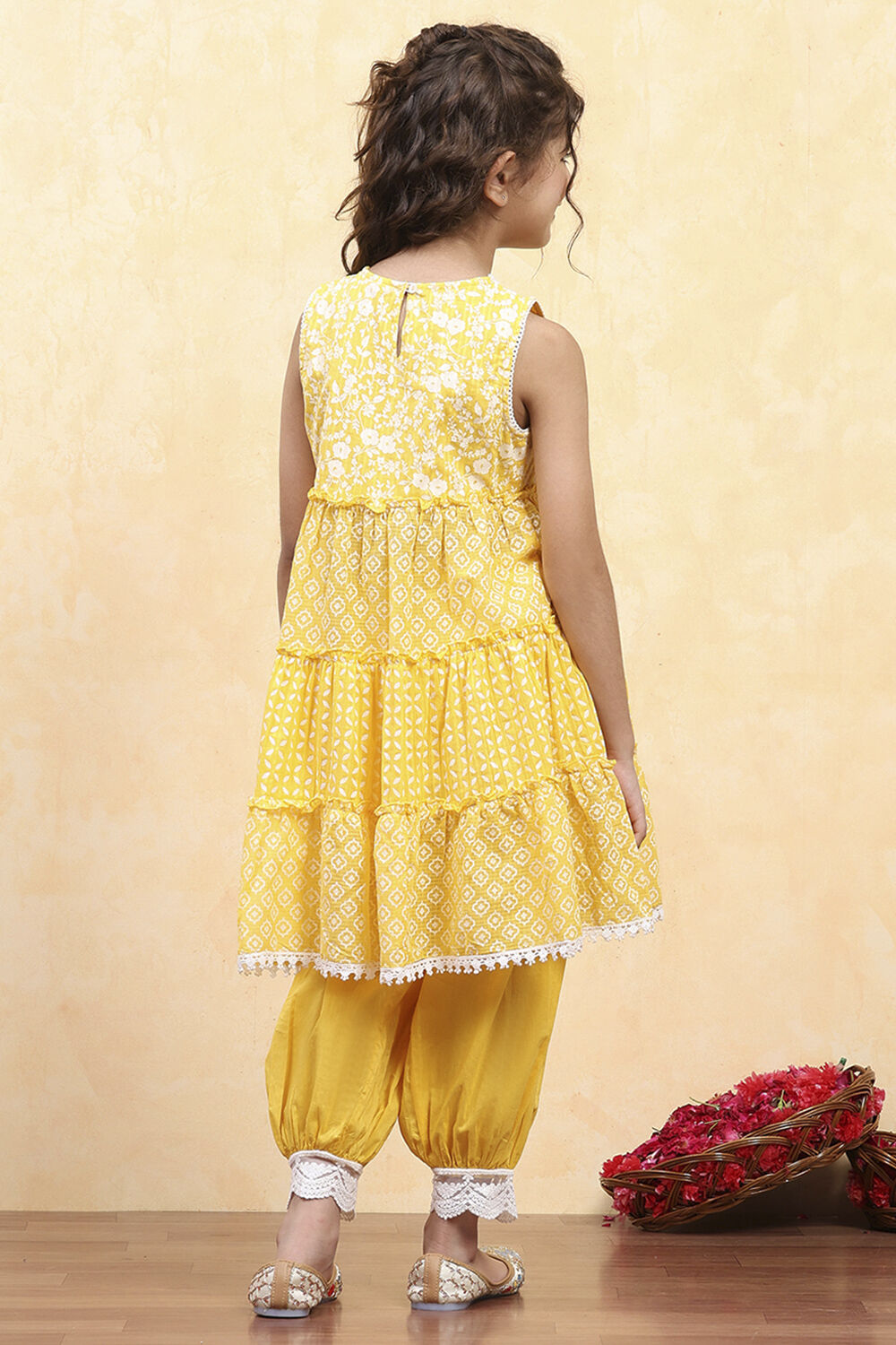 Dark Blue Cotton Tiered Printed Kurta Salwar Set image number 4