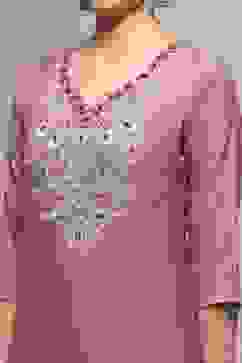 Beige Mul Chanderi Blend Hand Embroidered Unstitched Suit Set image number 2