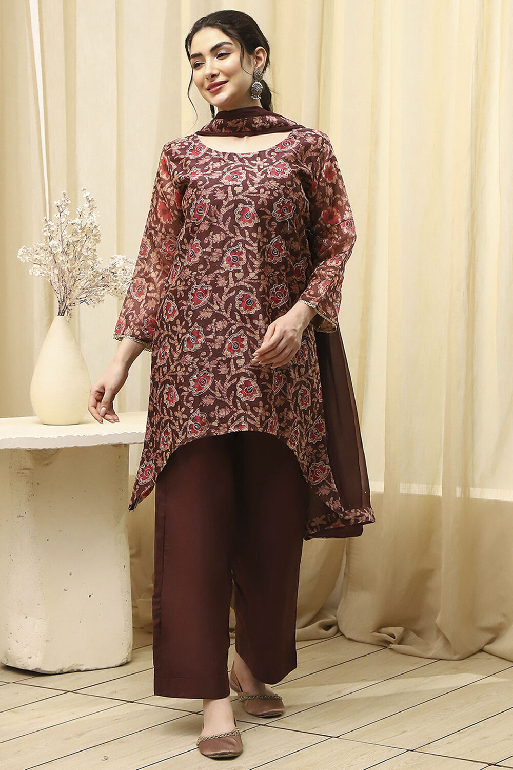 Maroon Chanderi Printed Embroidered Unstitched Suit Set image number 7