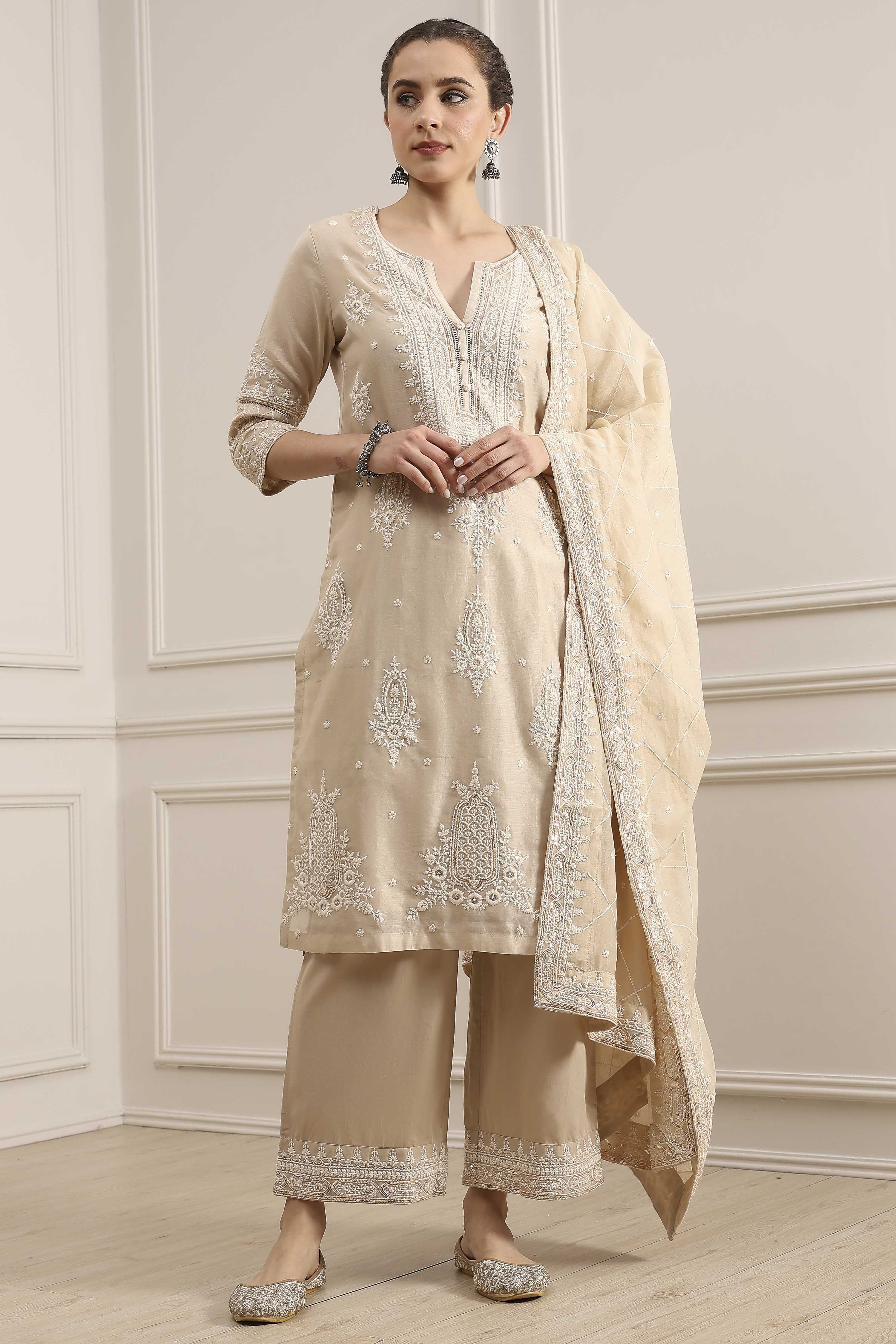 Natural White Chanderi Embroidered Straight Suit Set image number 6