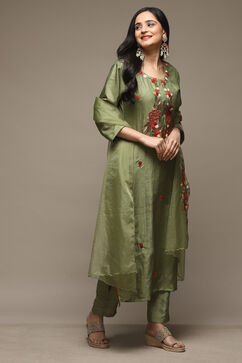 Green Silk Blend Hand Embroidered Unstitched Suit Set image number 1