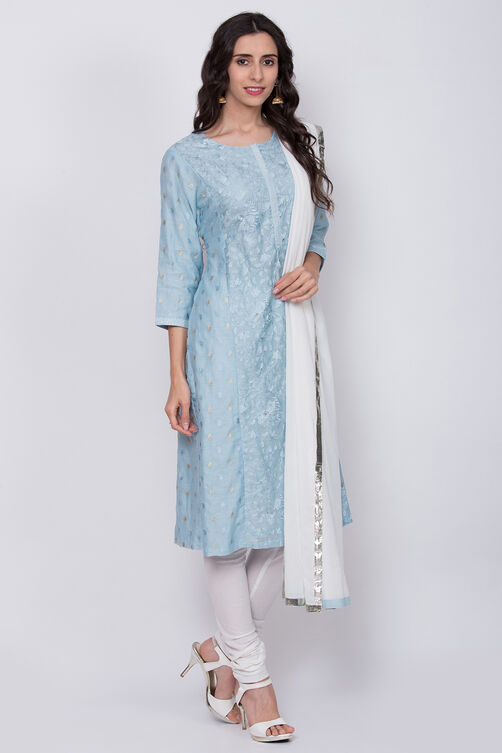 Blue Cotton Silk Straight Kurta Churidar Suit Set image number 0