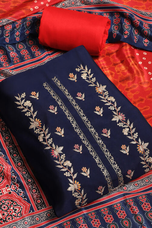 Blue and Red Chanderi Embroidered Unstitched Suit Set image number 1