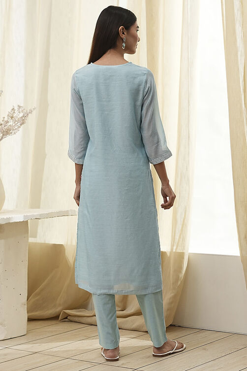 Aqua Embroidered Straight Suit Set image number 4
