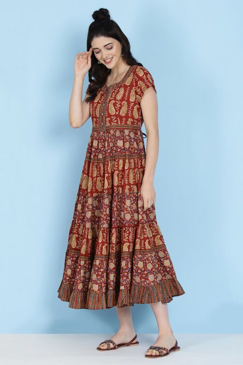 Rust Cotton Tiered Dress image number 4