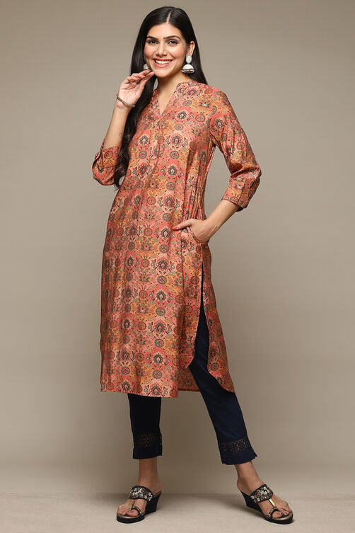 Peach Viscose Blend Straight Printed Kurta image number 0