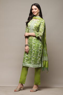 Green Silk Blend Printed Unstitched Suit Set image number 6