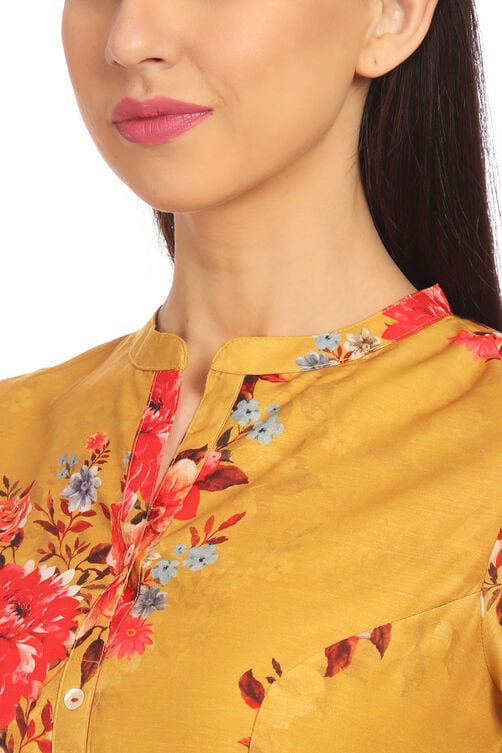 Yellow Flared Art Silk Printed Dress image number 1