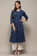Navy Blue Cotton Printed Yard-Dyed Straight Kurta image number 5