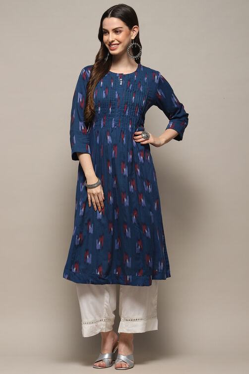 Navy Blue Cotton Printed Yard-Dyed Straight Kurta image number 5