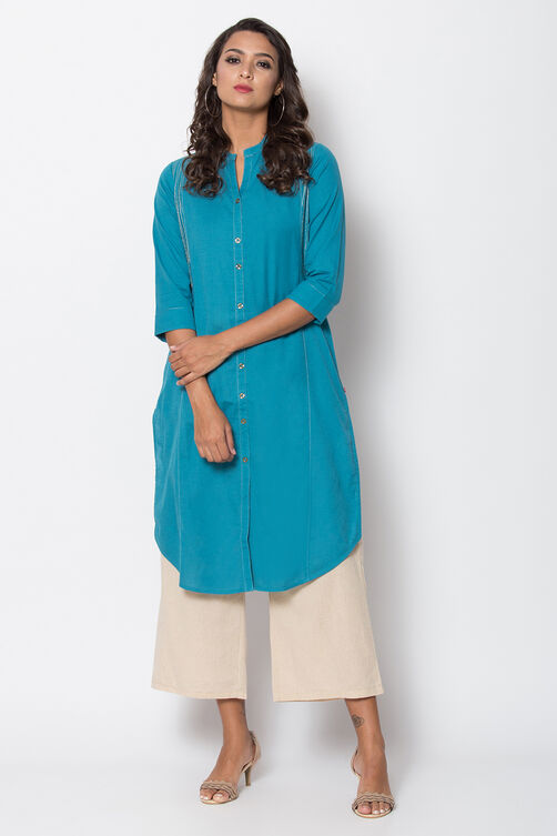 Teal Cotton Flax Front Open Solid Kurta image number 0