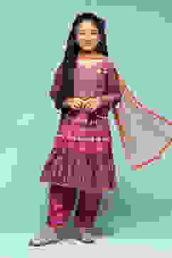 Pink & Purple Polyester Tiered Kurta Printed Suit Set image number 0