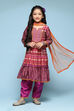 Pink & Purple Polyester Tiered Kurta Printed Suit Set