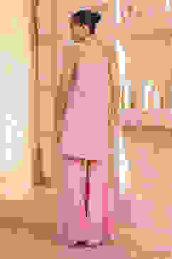 Baby Pink Poly Georgette Zari Embroidered Flared Suit Set image number 4