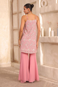 Baby Pink Poly Georgette Zari Embroidered Flared Suit Set image number 4