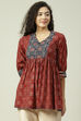 Rust Cotton Flared Printed Short Kurti image number 0