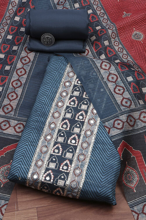 Blue Chanderi Printed Unstitched Suit Set image number 0