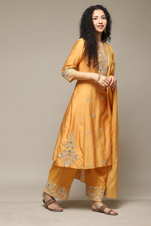 Ochre Cotton Blend A-Line Kurta Palazzo Suit Set image number 6