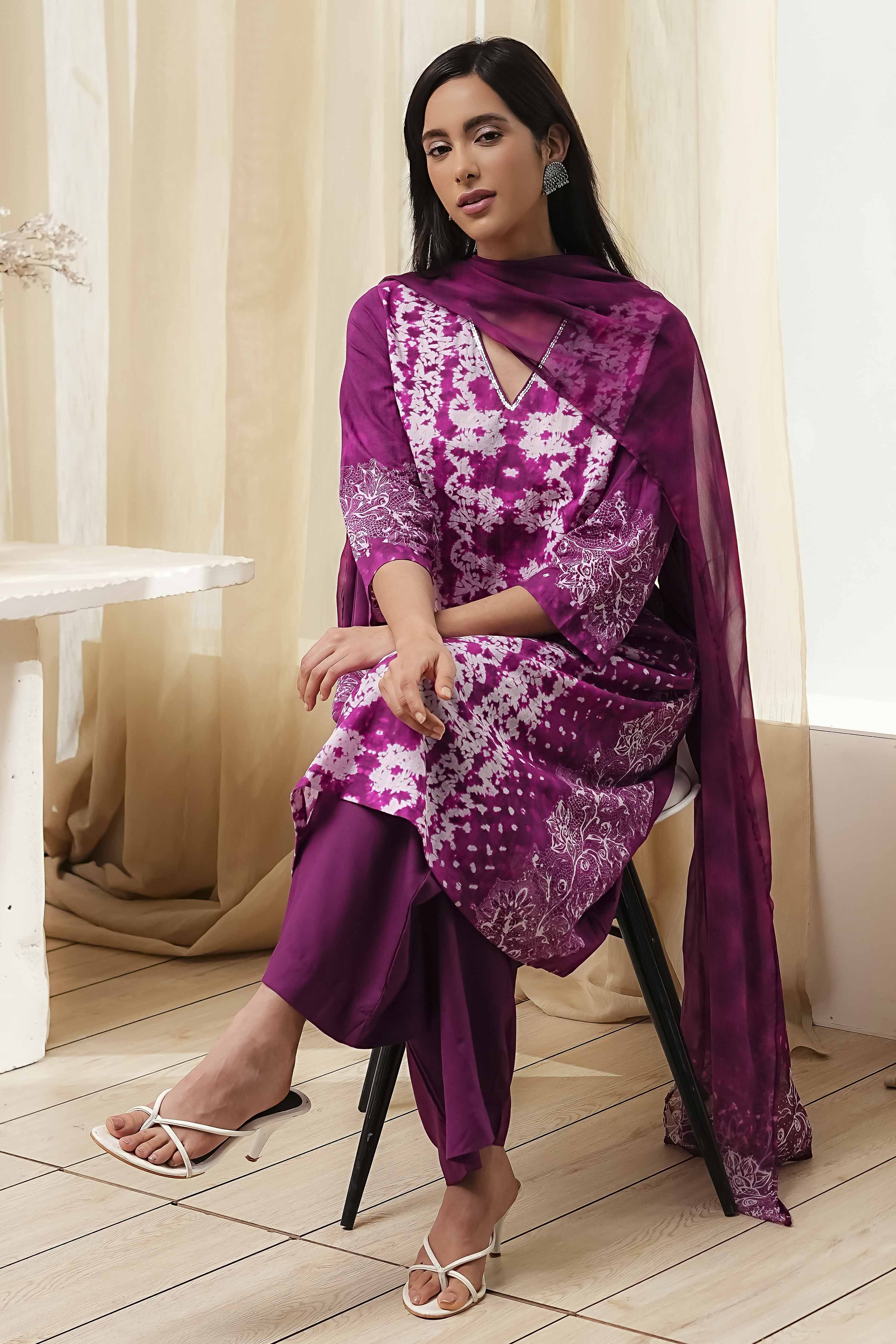 Berry Purple Cotton Straight Suit Set image number 0