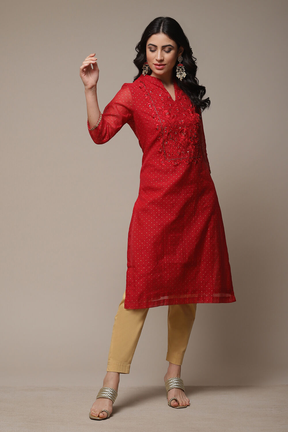 Red Art Silk Straight Printed Kurta image number 0
