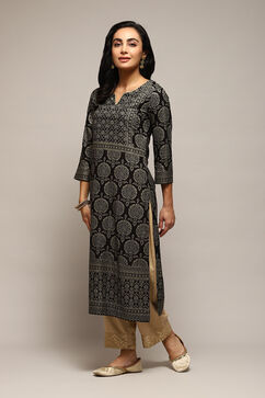 Black LIVA Straight Printed Kurta image number 2