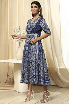 Indigo Cotton Printed Flared Wrap Dress image number 2