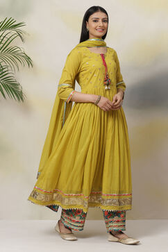 Lime Green Cotton Anarkali Kurta Palazzo Suit Set image number 3