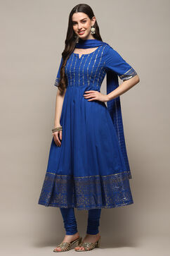 Blue Cotton Blend Anarkali Kurta Churidar Suit Set image number 4
