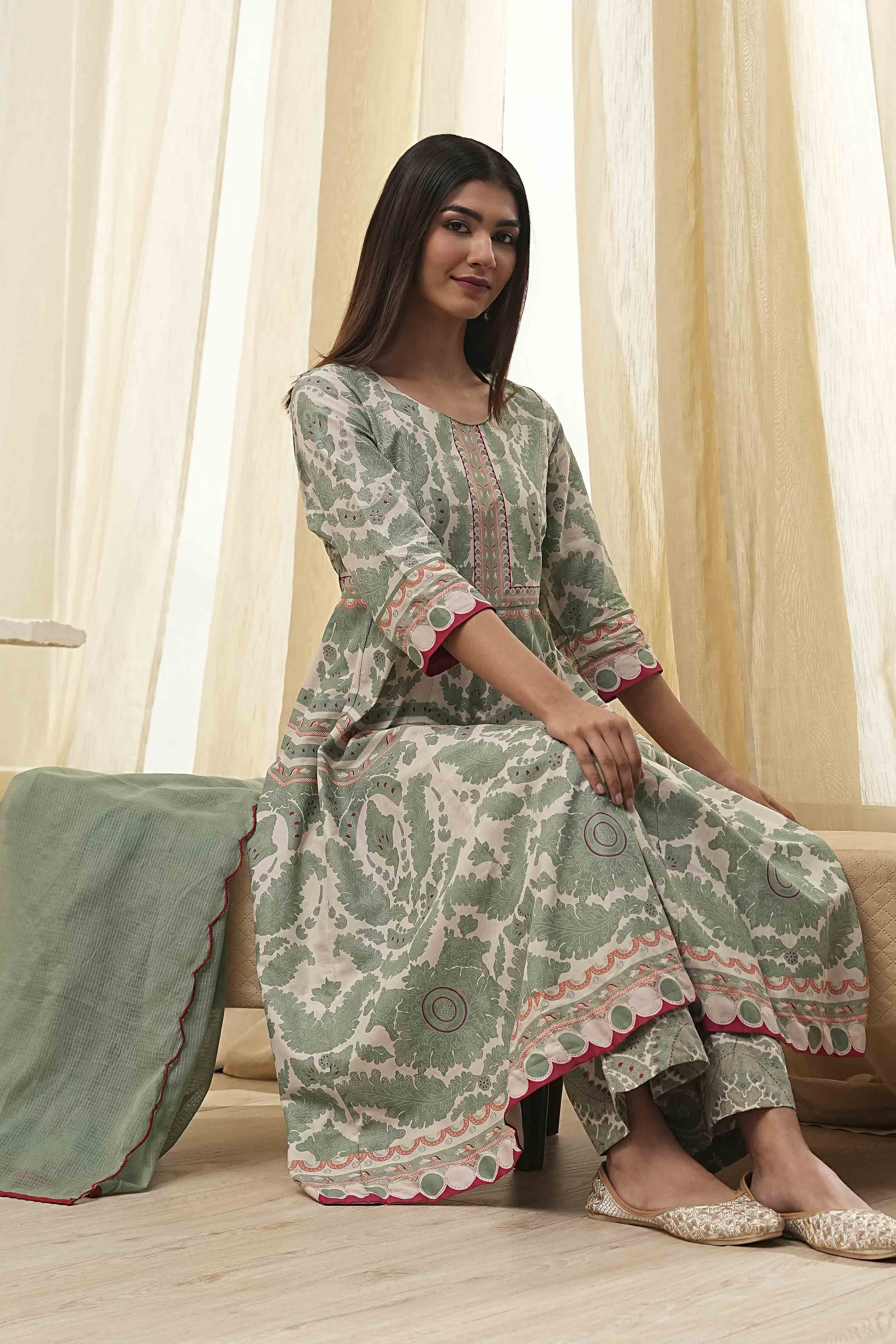 Green Cotton Printed Anarkali Suit Set image number 7